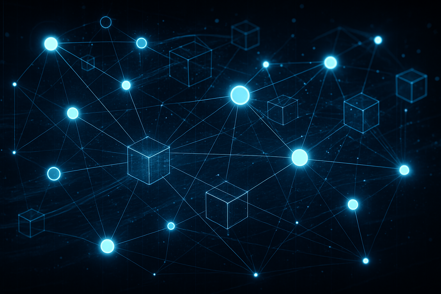 Create an image showing a blockchain network in dark black background