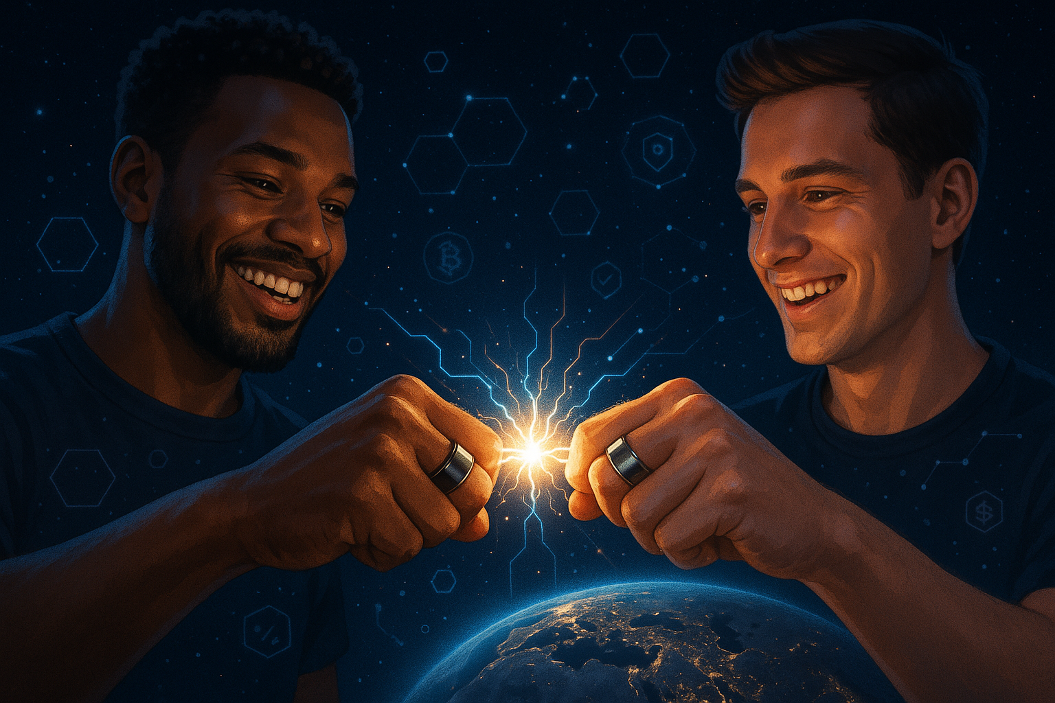 two friends wearing a smart ring tap to make payment with a spark. the background should be dark like the image of space and a hint of blockchain tech. the earth in the background